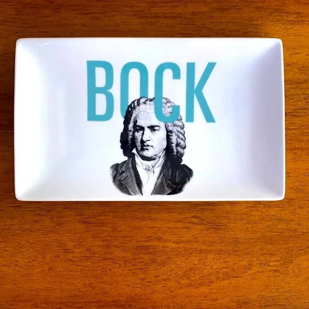 Crate & Barrel BOCK/BACH Beer‎ Style Rectangular Snack Plate White Porcelain